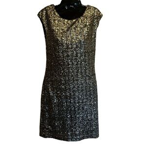 RED Saks Fifth Ave Sequin Dress M Gold Silver Sparkle Sheath Party Cocktail Glam